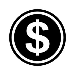 Black and white dollar coin icon isolated on white background for your design