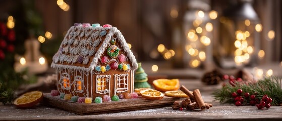 The Gingerbread House on Festive Table with Holiday Lights and Spices