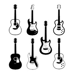 Naklejka premium A collection of black and white acoustic and electric guitar silhouettes is displayed isolated on a plain white background for design.