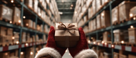 The Gift in Santa Gloves Held Up in a Festive Warehouse Distribution Center