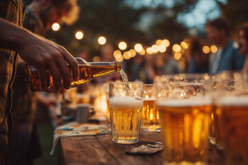 Man pouring beer into glasses at outdoor party with warm evening lights and friends in the background