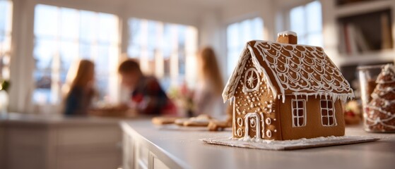 The Gingerbread House on a Countertop with Blurred Family Baking in Background