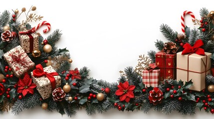 A set of gift boxes wrapped with decorative paper, decorated with pine branches and gift boxes, space for text.