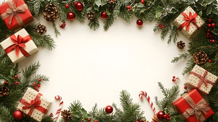 A set of gift boxes wrapped with decorative paper, decorated with pine branches and gift boxes, space for text.