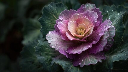 Ornamental kale flower photography with realistic natural environment. Vibrant purple pink botanical macro detail with water droplets