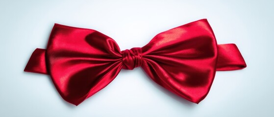 The red satin bow on a pale blue background for elegant gift wrapping