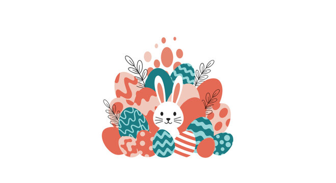 A cheerful white bunny peeks out from behind a colorful pile of decorated Easter eggs.