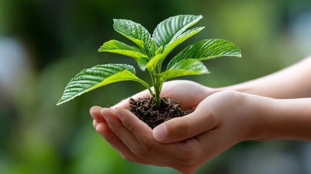 Nurturing Growth: Tender hands cradle a vibrant seedling, symbolizing the delicate balance and care required to foster new life and a flourishing environment.