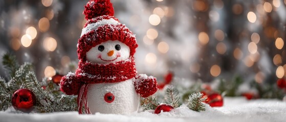 The Snowman Toy Wearing Red Hat and Scarf in Festive Winter Bokeh