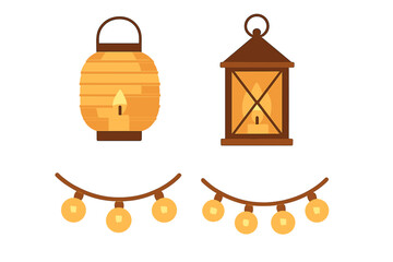 Glowing lanterns and decorative string lights collection for celebrations