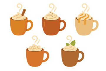 Collection of five hot beverages in mugs with whipped cream and autumn spices