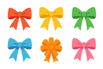 Six brightly colored decorative ribbon bows for holiday gifts and festive designs