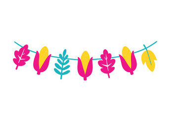 Stylized autumn harvest garland featuring bright pink corn cobs and colorful seasonal leaves strung on a line