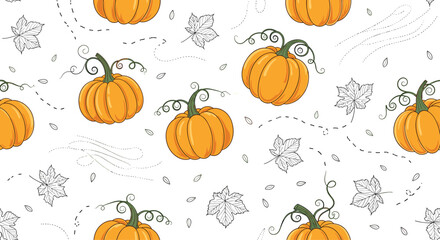 An autumn pumpkin pattern with white snowflakes and dots.