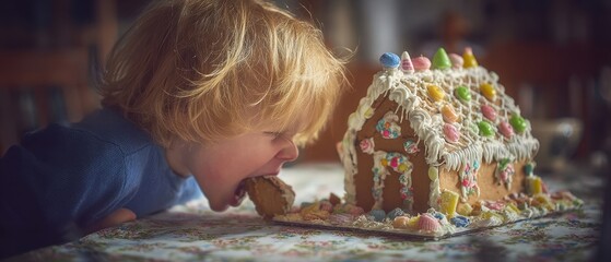 The Gingerbread House and a Curious Toddler Sneaking a Bite at a Holiday Table