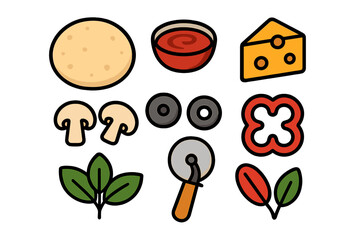 Colorful collection of pizza ingredients and cooking tools on white background