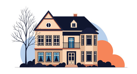 A charming two story house with a bay window and a detached tree.