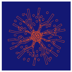 Vibrant orange lines form an abstract representation of a complex neural network, highlighting intricate connections and cellular biology within the brain, suitable for scientific projects.