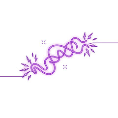 An illustrative depiction of a broken electrical wire glowing with vivid purple neon light and emitting sparks, signifying a critical power interruption.