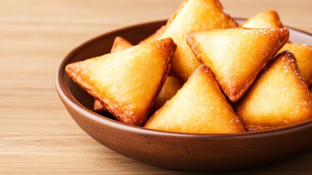 Savory triangular fried snacks arranged in a bowl on a wooden table
