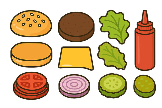 Set of fresh ingredients for assembling a customizable hamburger or cheeseburger meal