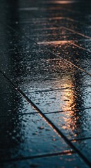 Glistening wet ground after a heavy downpour, showing reflective surfaces and slick conditions, creating a sense of natural slipperiness ,autumn ,reflection ,sheen