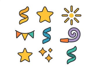 Colorful collection of celebration icons featuring stars streamers party blower and festive banner