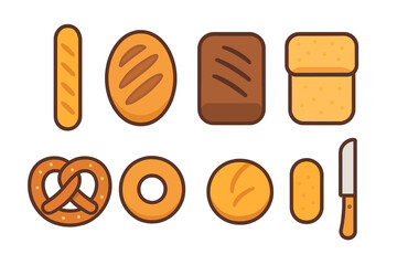 Set of baked goods featuring baguette, loaf, pretzel, bagel, and bread knife