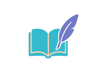 Open book with blank pages and a purple quill pen symbolizing literature and writing education