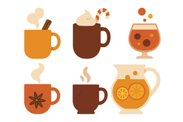 Cozy autumn and winter hot beverages set with mugs, spiced drinks, and a pitcher of cider
