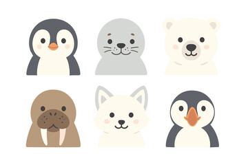 Six cute Arctic and Antarctic animal portraits including polar bear, walrus, seal, arctic fox, and penguins