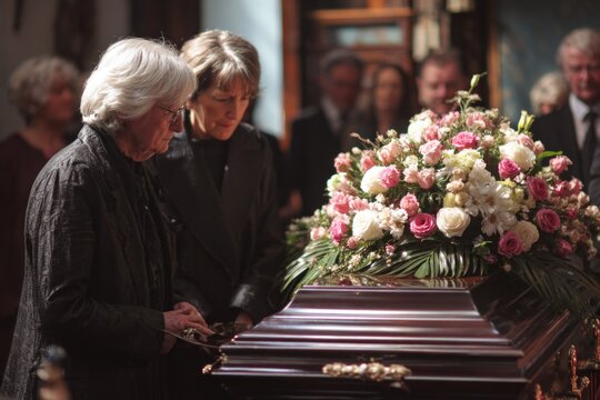Touching scene of mourning and farewell ceremony adorned with flowers capturing deep human emotions of loss respect and eternal memory representing honor dignity and sacred traditions.