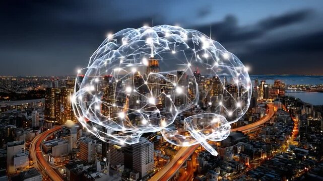 Mind's Eye: A luminous brain illuminates a cityscape, symbolizing the boundless potential of human intelligence and the fusion of innovation and urban life.
