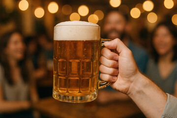 Person holding a glass mug of beer with foam, while a group of friends sits and talks in the background