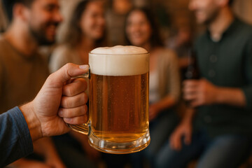 Hand holding a glass of beer during a social gathering with friends