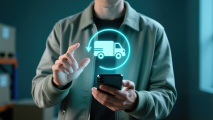 A man using a smartphone with floating van icon symbolizing fast parcel updates, last mile delivery synchronization, warehouse and inventory integration