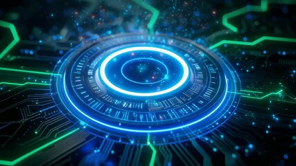 Futuristic glowing blue circular interface with neon green circuit lines representing advanced technology, innovation, and digital data systems. - Powered by Adobe