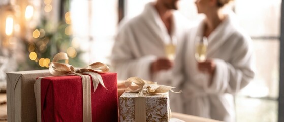 The gift boxes in foreground with blurred couple sharing champagne by festive lights