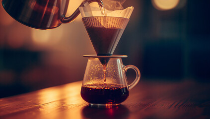 The art of pour-over coffee preparation, a close-up of brewing aromatic drip coffee for a perfect morning cup