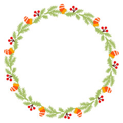 Christmas Wreath with Mittens and Berries in Flat Vector Style for Holiday Greeting Cards, Invitations, and Decorations.
