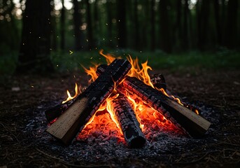 Glowing embers and dancing flames from a robust bonfire light up a serene forest environment at dusk, creating a cozy and rustic atmosphere ,rustic ,logs ,burning