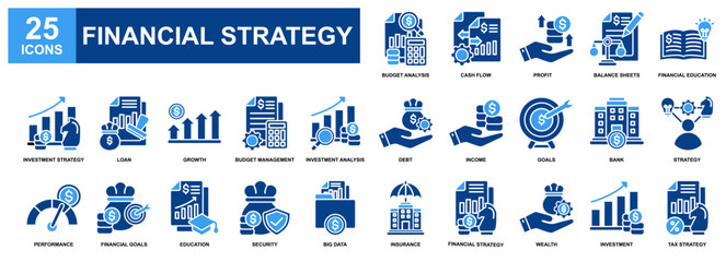 Financial Strategy icon set collection. Containing design Budget Analysis, Profit, Cash Flow, Debt, Financial Goals