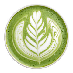 Matcha Green Tea Latte with Leaf Latte Art in Milk Foam, Top View Isolated on White Background