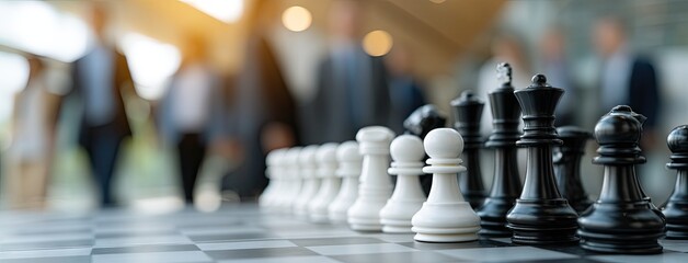 Strategic chess game in a business setting with professionals discussing tactics during a conference