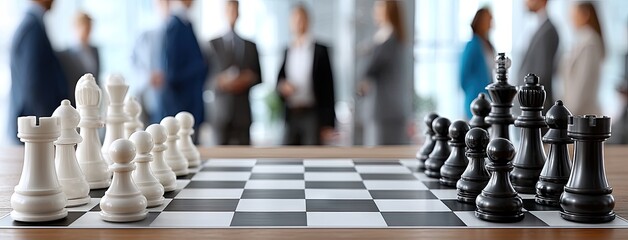 Business professionals engage in strategic discussions while a chess game awaits on a polished table during a conference in a modern office space
