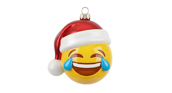 Christmas ornament featuring a laughing emoji wearing a santa hat on a white background