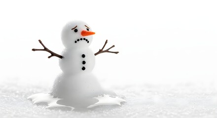 A sad snowman with a carrot nose melting in the snow on a bright white background