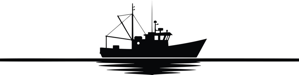 Minimalist illustration of a solitary fishing boat gently floating on the calm open sea under a clear sky evoking a sense of peaceful nautical solitude and maritime adventure