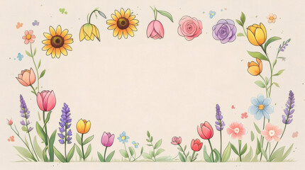 A charming border illustration of a variety of vibrant flowers and delicate lavender sprigs, evoking a sense of spring and nature's beauty