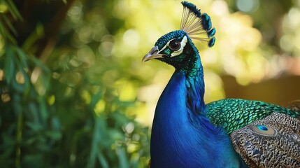 Obraz premium A vibrant peacock with iridescent blue and green feathers in a natural outdoor setting.